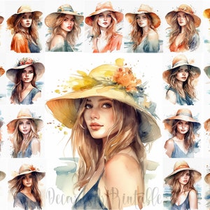Pack de papier numérique Clipart fille été 21, portrait à l'aquarelle de dame mode chapeau à rebord, affiche imprimable plage femme, kit de sac fourre-tout sublimation