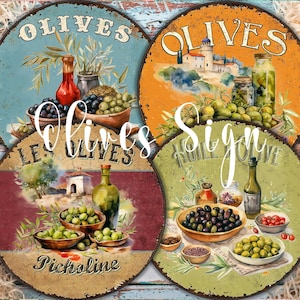 12 targhe circolari in stile vintage con olive stampabili, diam. 8”, 6”, 4”, arredo country francese per cucina rustica per decoupage, progetti fai-da-te di food art