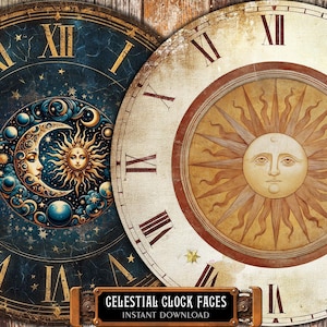 May include: Two vintage-style clock faces with Roman numeral markings. The left clock face features a blue background with a crescent moon and sun with a face. The right clock face features a white background with a sun with a face and rays.