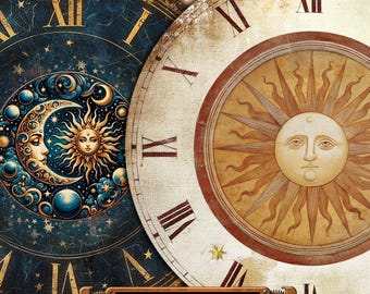 May include: Two vintage-style clock faces with Roman numeral markings. The left clock face features a blue background with a crescent moon and sun with a face. The right clock face features a white background with a sun with a face and rays.