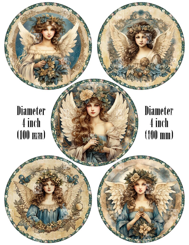 K&ouml;nnte beinhalten: Set aus vier runden Papieruntersetzern mit einem Durchmesser von 100 mm, die Vintage-Illustrationen von Engeln mit Fl&uuml;geln und Blumengirlanden zeigen. Die Engel sind mit langen, flie&szlig;enden Haaren dargestellt und tragen wei&szlig;e Kleider mit blauen Akzenten. Der Hintergrund jedes Untersetzers ist in einem ged&auml;mpften Blau mit goldener Umrandung gehalten.
