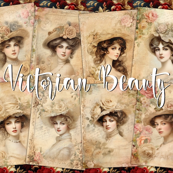 Victorian Beauty Digital ATC Cards - 8 Printable Jane Austen Ladies Style Junk Journal Kit, Old Fashioned Women in Hats Art Ephemera Tags