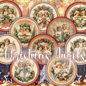 10 immagini rotonde di angeli di Natale retrò PNG e 2 fogli di collage ispirati a Stamperia stampabili digitalmente Immagini circolari per progetti di decoupage
