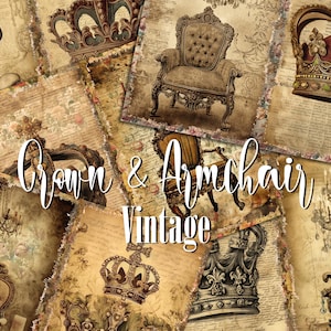 Vintage Armchair & Crown Junk Journal Pages Pack, Digital Printable Victorian Era Mixed Media Art Collage Sheet, Rococo Antique Ephemera Kit