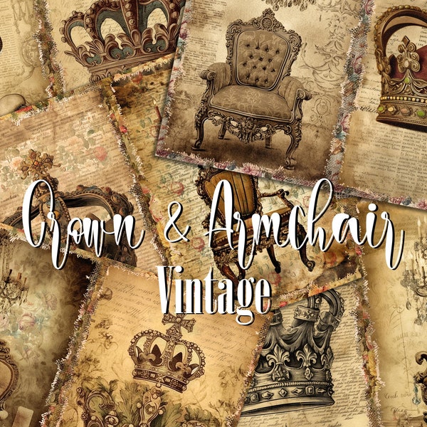 Vintage Armchair & Crown Junk Journal Pages Pack, Digital Printable Victorian Era Mixed Media Art Collage Sheet, Rococo Antique Ephemera Kit