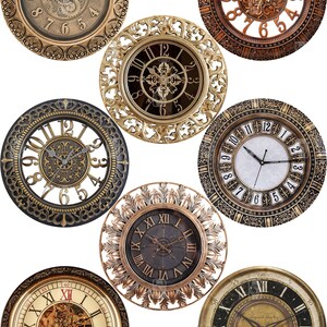 May include: Eight antique-style clocks with Roman numeral faces and ornate gold frames. The clocks have different designs and colors, including black, brown, and gold. The dials are 3.15 inches (80 mm) in diameter.