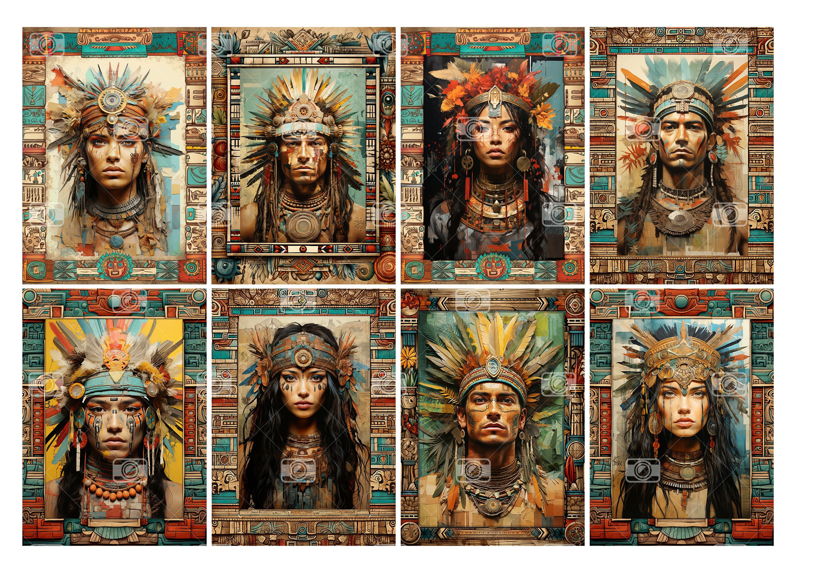 Aztec Woman and Man Digital ATC Cards - 8 Printable Maya Watercolor ...