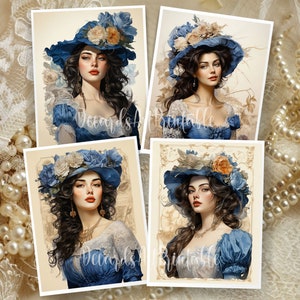 Op de afbeelding: Vier digitale kunstprints met vrouwen in blauwe jurken en hoeden versierd met bloemen. De vrouwen hebben lang donker haar en kijken naar de kijker. De achtergrond is lichtbeige.