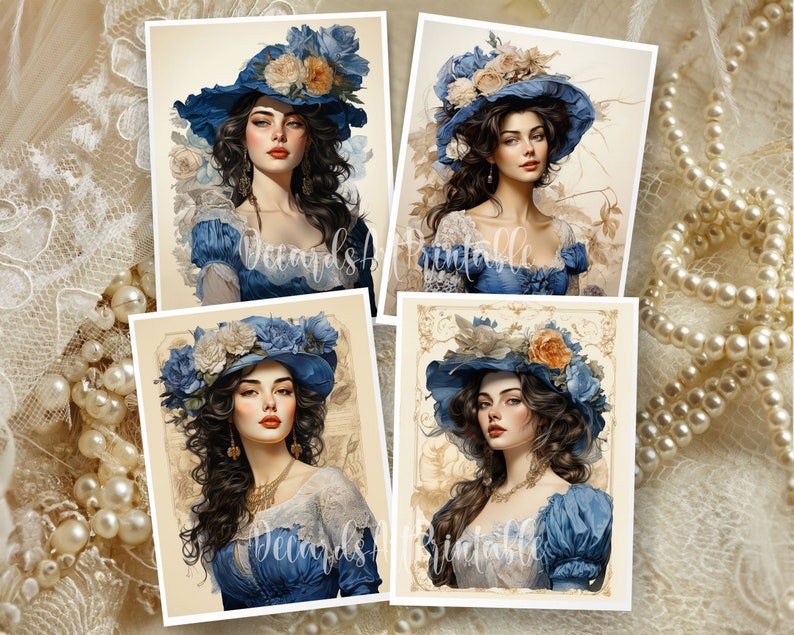 Op de afbeelding: Vier digitale kunstprints met vrouwen in blauwe jurken en hoeden versierd met bloemen. De vrouwen hebben lang donker haar en kijken naar de kijker. De achtergrond is lichtbeige.