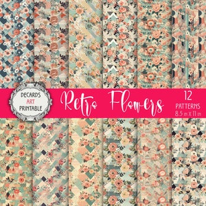 12 padrões florais retrô de flores para fundo digital imprimível, designs sem costura de arte têxtil da Vogue, pacote de papéis de decupagem, capa de plaina A4