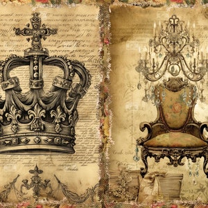 Vintage Armchair Crown Junk Journal Pages Pack Digital Printable Vintage Armchair Crown Junk Journal Pages Pack Digital Printable