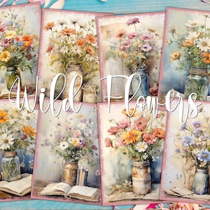 Wildblumen Blumenstrauß Digitale ATC Karten - 8 druckbare ACEO Botanische Kunst Blumen Aquarell Junk Journal Kit, Gartenmalerei Ephemera Tags