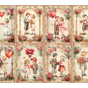 May include: Eight vintage-style illustrations of children exchanging gifts and holding heart-shaped balloons. The illustrations are set against a background of roses and ornate frames.