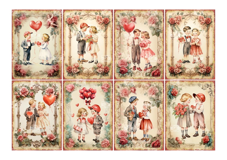 May include: Eight vintage-style illustrations of children exchanging gifts and holding heart-shaped balloons. The illustrations are set against a background of roses and ornate frames.