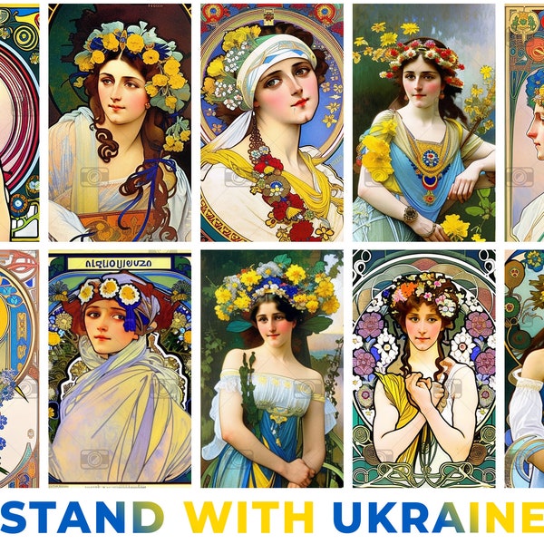 10 Digital Cards Ukrainian Women Ai Generated Alphonse Mucha Style Junk Journal Tags. Stand with Ukraine, Pray for Ukraine, Made in Ukraine
