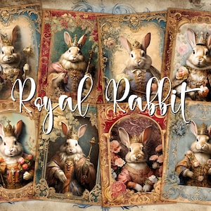 Koninklijk konijn portret digitale ATC-kaarten - 8 afdrukbare Beatrix Potter-stijl junk Journal Tags Kit, bloemen konijn schilderij vintage Ephmera-pakket