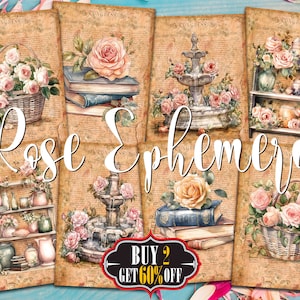 Rose Ephemera Digitale ATC Karten - 8 druckbare Aquarell Vintage inspirierte botanische Kunst Junk Journal Tags, rosa Shabby Chic Blumen Decoupage