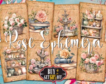 Rose Ephemera Digital ATC Cards - 8 Printable Watercolor Vintage Inspired Botanical Art Junk Journal Tags, Pink Shabby Chic Floral Decoupage