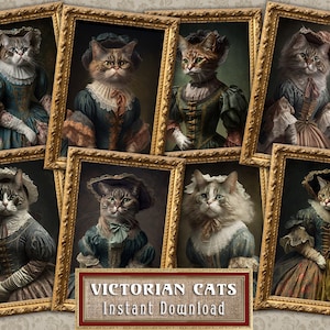 Tarjetas ATC digitales Retrato de gato victoriano - 8 ACEO Ai Generado Arte Pintura de mascotas Decoupage Impresión, Etiquetas de diario basura, Libro de chatarra, Kit de efímeras