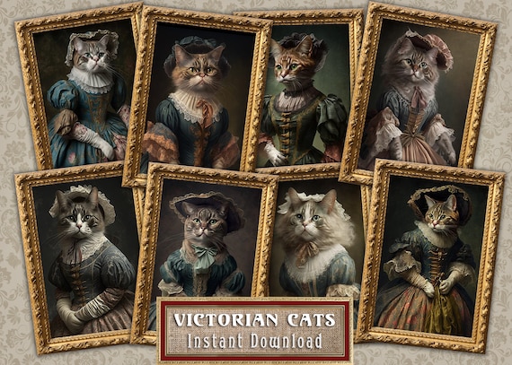 Digital ATC Cards Victorian Cat Portrait - 8 ACEO Ai Generated Art Pet Painting Decoupage Print, Junk Journal Tags, Scrap Book, Ephemera Kit