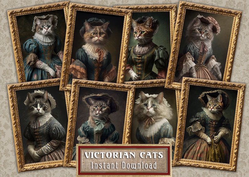 May include: A collection of eight framed portraits featuring cats dressed in Victorian era clothing. The cats are depicted in various poses, wearing bonnets, dresses, and ruffled collars. The frames are ornate gold, and the background is a patterned beige.