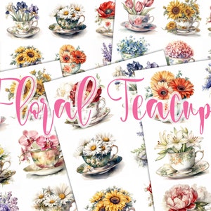 42 imágenes prediseñadas de taza de té floral - 5 hojas imprimibles digitales, paquete de pegatinas de ramo de flores de acuarela, corte quisquilloso de la fiesta del té, papeles de decoupage de primavera