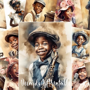 36 niños afroamericanos negros músicos paquete de papel digital - 1920 Rerto estilo acuarela retratos de niños tocando instrumentos musicales