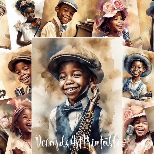 Paquet de 36 musiciens noirs pour enfants afro-américains - Portraits à l'aquarelle d'enfants jouant des instruments de musique de style Rerto des années 1920