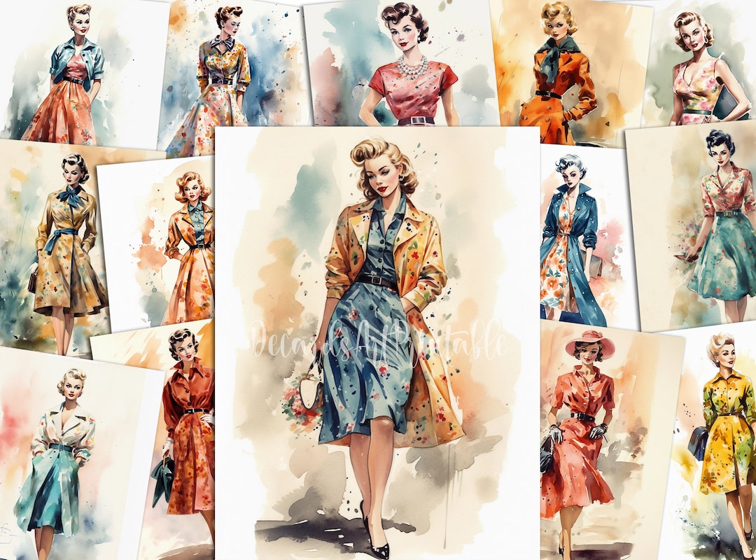 1950s Women Fashion Illustration 20 Printable Watercolor 50s