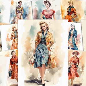 1950 年代の女性のファッション イラスト - 20 枚の印刷可能な水彩画 50 年代ノスタルジア レトロ クリップアート デジタル ペーパー パック、フェミニンなウォール アート、プランナー カバー