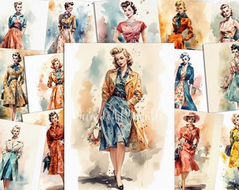 Op de afbeelding: Een collage van aquarel schilderijen met vrouwen in vintage kleding. De vrouwen zijn afgebeeld in verschillende poses en dragen verschillende stijlen jurken, jassen en hoeden. De schilderijen zijn geplaatst tegen een achtergrond van zachte aquarel wassen.