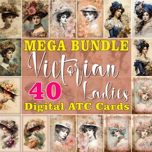 40 Viktorianische Damen Mega Bundle Digitale ATC Karten, Altmodische Frauen Porträt Printable Tags Junk Journal Kit, Retro Decoupage Papiere Idee