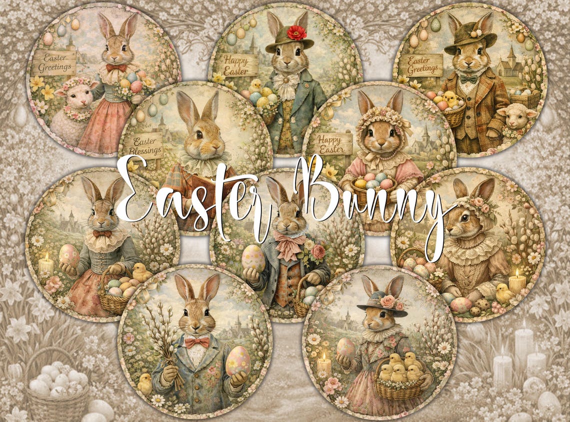 Easter Rabbit Round 10 Easter Bunny Vintage Rabbit Round Images PNG & 2 Digital Printable ...