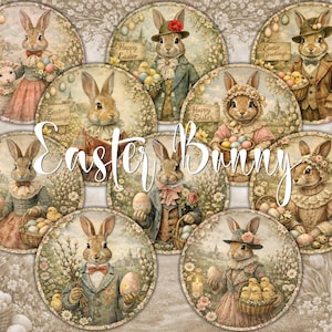 10 Easter Bunny Vintage Rabbit Round Images PNG & 2 Digital Printable Decoupage Papers | Beatrix Potter Styled Old Fashioned Cute Animals