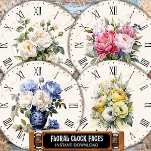 12 drukowanych tarcz zegara - 8", 6", 4" Kwiatowa akwarela ogrodowa sztuka cyfr rzymskich tarcza zegarka z kwiatami do decoupage'u, zestaw do robienia zegarów