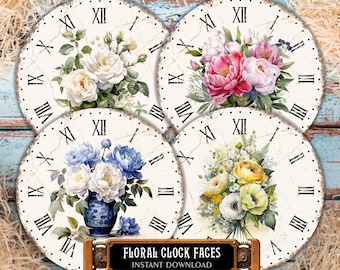 12 Printable Clock Faces - 8", 6", 4" Floral Watercolor Garden Art Roman Numerals Watch Dial with Flowers for Decoupage, Clock Making Kit