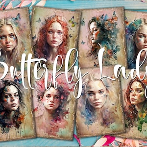 Papillon dame déesse fille numérique ATC cartes - 8 portrait aquarelle de femme fée art fantaisiste imprimable, étiquettes de journal indésirable, kit de découpage