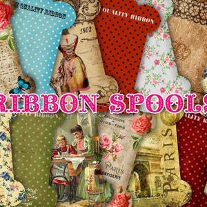 14 Digital bedruckbare Kartenbandhalter für Nähaufbewahrung - Herunterladbare Shabby Chic Französische Garnrollen Garnaufwickler Thread Bobbins Ephemera Kit