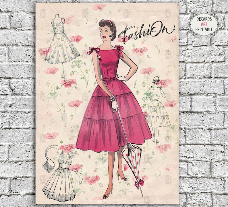 There is a unframed picture on the whitebrick wall. There is a woman dressed on the pink dress of 1950s fashion style on the picture. The Background of the picture is made of various sizes dress sketches on beige color.