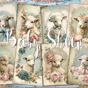 Digitale ATC-kaarten babyschapen - 8 afdrukbare Easter Lamb Junk Journal Kit, decoupage Shabby Chic Ephemera Pack, boerderijdieren veranderde kunst Tags