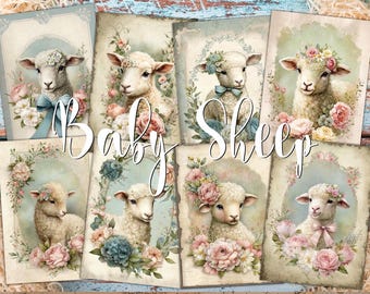 Baby Sheep Digital ATC Cards - 8 Printable Easter Lamb Junk Journal Kit, Decoupage Shabby Chic Ephemera Pack, Farm Animal Altered Art Tags