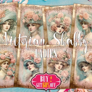 Tarjetas ATC digitales de estilo victoriano Shabby Chic para damas: kit de 8 etiquetas imprimibles para diarios basura vintage, retratos de mujeres jóvenes retro, paquete de material efímero de la década de 1900