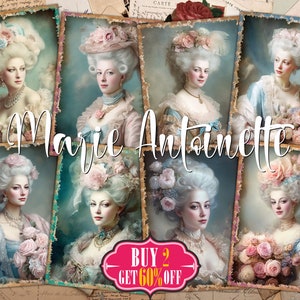 Cartões ATC digitais de retrato de Maria Antonieta - 8 kit de etiquetas de diário de lixo para arte barroca para impressão, pacote de coisas efêmeras da era vitoriana estilo rococó francês