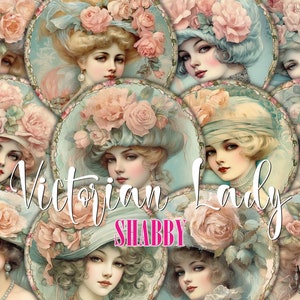 16 viktorianische Lady Shabby Chic Vintage Runde PNG Bilder und 2 Digital Printable Collage Sheets mit 16 Retro Frauen Porträts für DIY Projekte