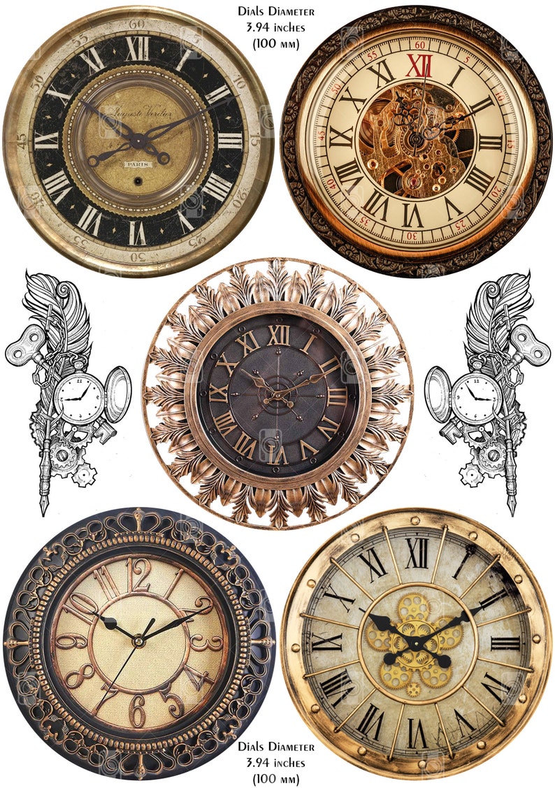 May include: Four antique-style clocks with Roman numeral faces and ornate gold frames. The clocks are 3.94 inches in diameter and have a vintage aesthetic.