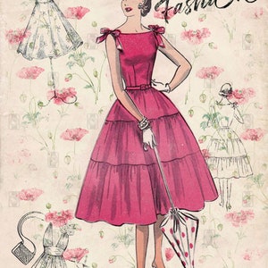 May include: A vintage illustration of a woman wearing a pink dress with a white belt and a white glove. She is holding a polka dot umbrella. The illustration is set against a background of pink flowers.