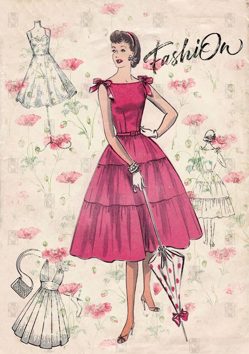 May include: A vintage illustration of a woman wearing a pink dress with a white belt and a white glove. She is holding a polka dot umbrella. The illustration is set against a background of pink flowers.