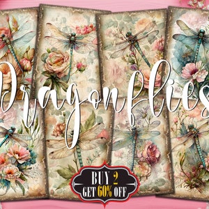 Aquarell Libellen Art Digitale ATC Karten - 8 druckbare ACEO Vintage Blumen, Insekt Mixed Media Junk Journal Tags, Botanisches Ephemera Kit