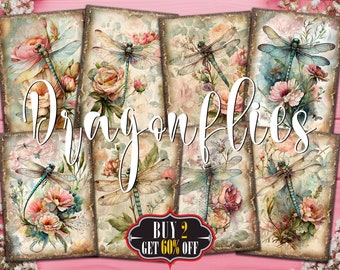 Watercolor Dragonfly Art Digital ATC Cards - 8 Printable ACEO Vintage Flowers, Insect Mixed Media Junk Journal Tags, Botanical Ephemera Kit
