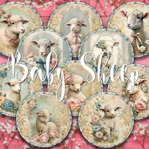 10 baby schapen ronde afbeeldingen PNG en 2 digitale afdrukbare paaslam junk Journal Kit, decoupagepapier boerderijdieren Shabby Chic Ephemera Pack